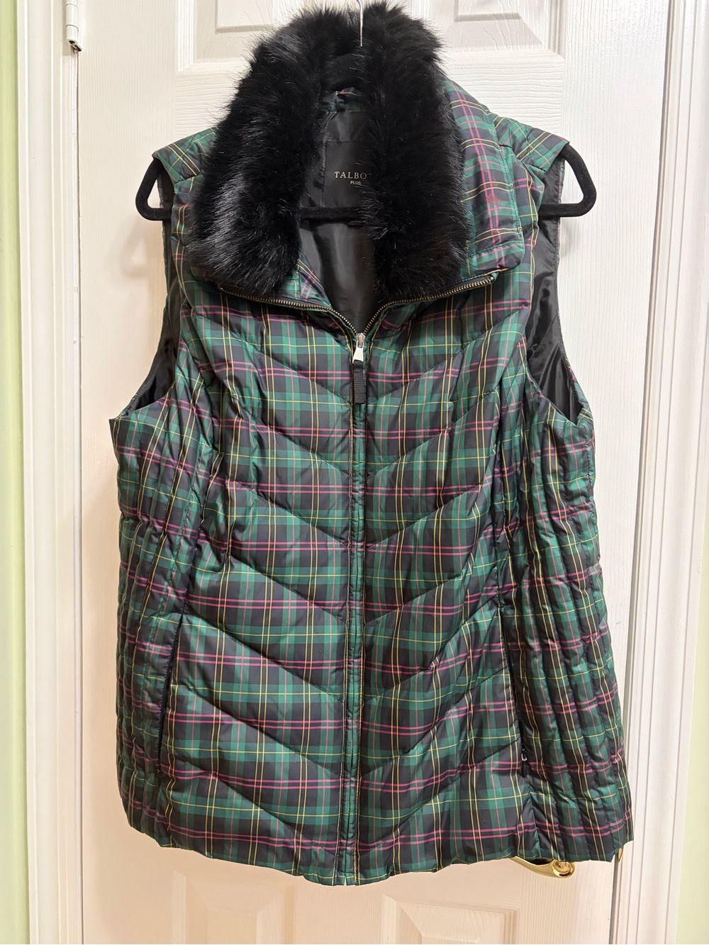 Talbots Green Plaid Quilted Puffer Vest with Faux Fur Collar
